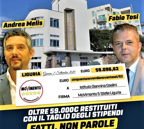 Movimento 5 Stelle Liguria: 59mila euro di “taglio stipendi” in donazione all’Istituto Gaslini