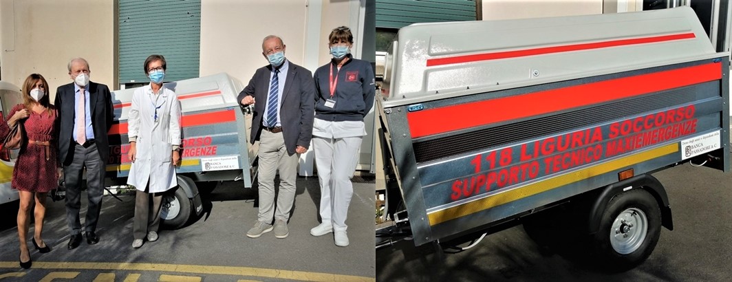 Donazione al 118 Genova. Carrello a rimorchio per Covid-19 dalla Banca Passadore