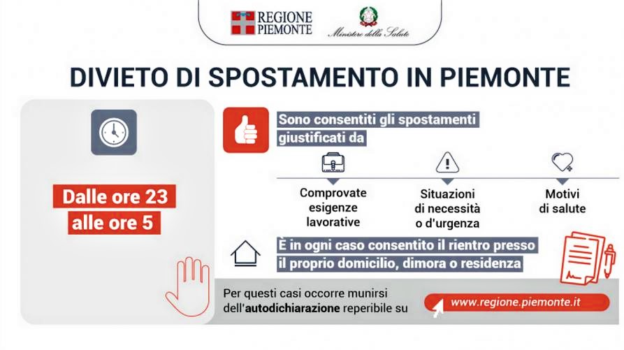 Spostamenti. In Piemonte dalla 23 alle 5 solo per lavoro, salute, necessità urgente, rientro a casa