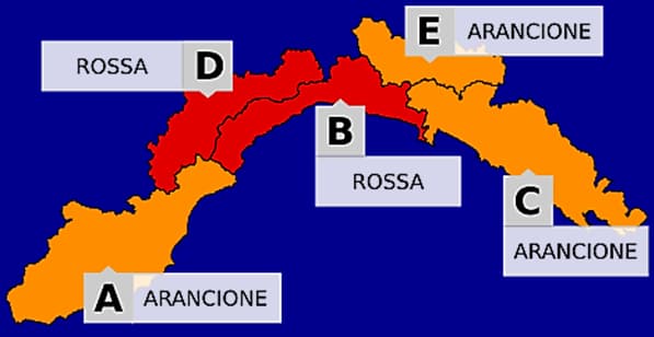 Liguria, allerta arancione quasi ovunque, dalle 14 rossa nelle zone B e D