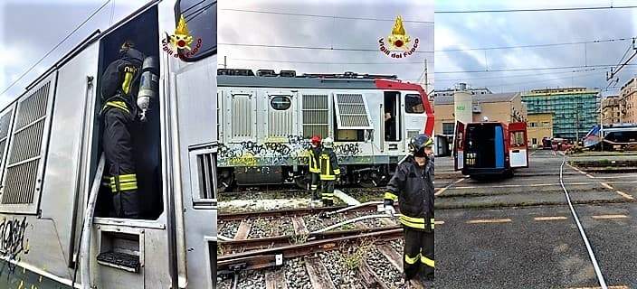 Locomotore in fiamme al deposito treni di Terralba a Genova