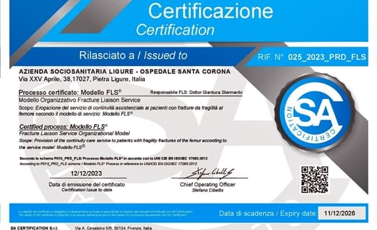 Asl2 Savona Ortopedia Santa Corona ottiene prestigiosa certificazione