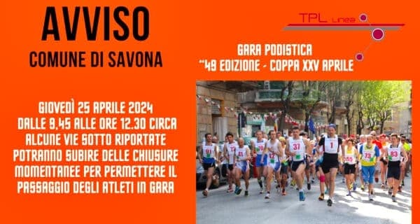 Savona chiusura viabilità per gara podistica Coppa XXV Aprile