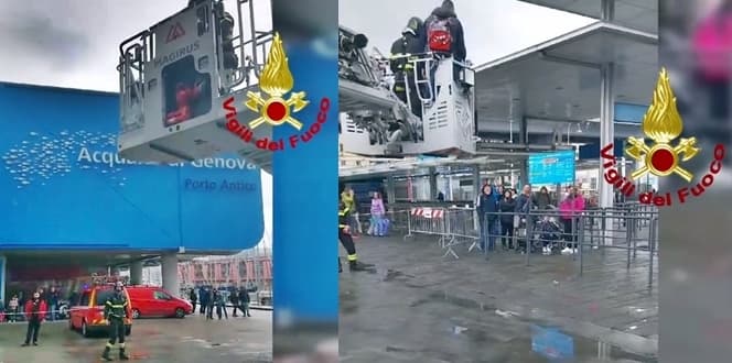 Evacuati i visitatori Acquario di Genova con l’autoscala – VIDEO