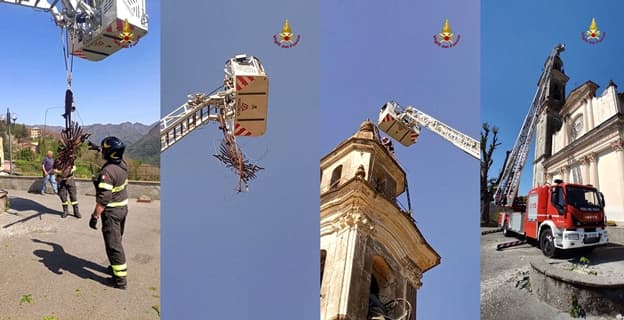 Rimozione croce pericolante del campanile di Varzi nel genovesato