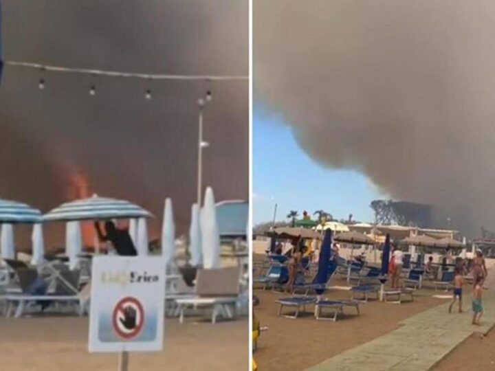 Incendio in pineta, fiamme lambiscono le spiagge di Baia Domizia: bagnanti in fuga – Video